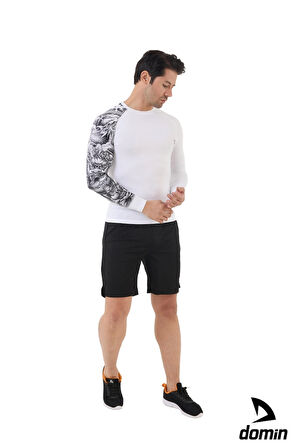 Erkek Uzun Kol Beyaz Tek Kol Desenli Compression Fitness Gym Body Tshirt