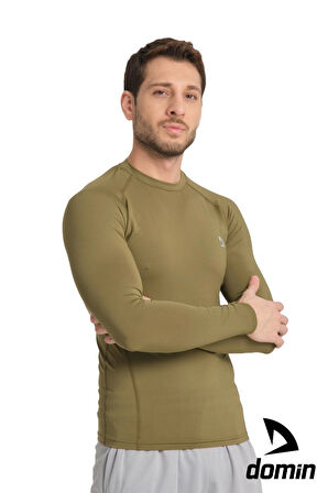 Erkek Uzun Kol Haki Rahat Fit Compression Spor Body Tshirt