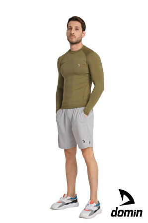 Erkek Uzun Kol Haki Rahat Fit Compression Spor Body Tshirt