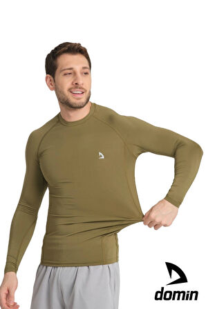 Erkek Uzun Kol Haki Rahat Fit Compression Spor Body Tshirt