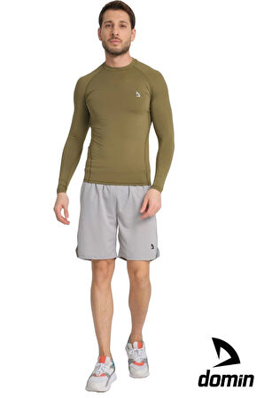 Erkek Uzun Kol Haki Rahat Fit Compression Spor Body Tshirt