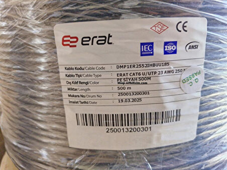 Erat DMP1ER2552IHBUU185 Cat6 U/UTP 23AWG 250 MHz Pe Outdoor Dış Ortam 500 Metre Full Bakır Cat6 Kablo Siyah