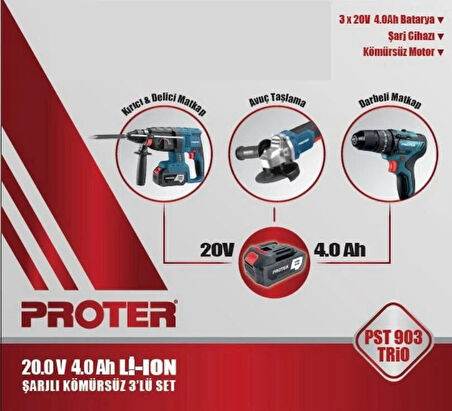 PROTER 3 LÜ SET PST 904 E ŞARJLI AVUÇ TAŞLAMA + PST 945 HD PNOMATİK KIRICI–DELİCİ+PST 924 BL ŞARJLI MATKAP 13 MM KÖMÜRSÜZ DARBELİ +3 AKÜ+TAKIM ÇANTASI