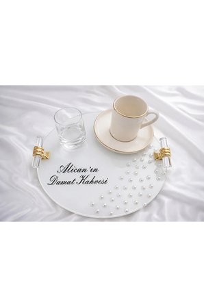 İnci Detaylı Gold/Siyah/Gümüş Yazılı Nişan Tepsisi Ve Damat Kahvesi Seti