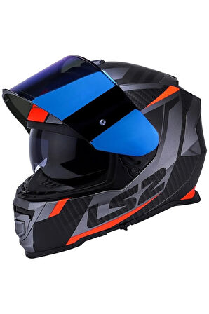 Storm 2 Racer Turuncu Kapalı Motosiklet Kaskı Mavi Camlı