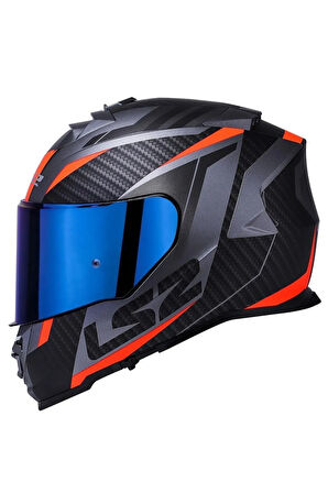 Storm 2 Racer Turuncu Kapalı Motosiklet Kaskı Mavi Camlı