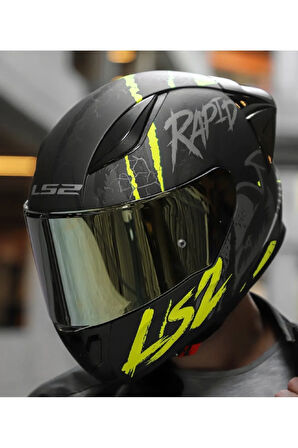 RAPID 2 RACE RAVEN MAT SİYAH-GRİ-NEON SARI FULLFACE MOTOSİKLET KASKI GOLD CAMLI