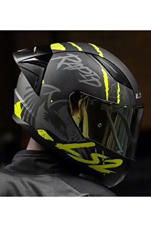 RAPID 2 RACE RAVEN MAT SİYAH-GRİ-NEON SARI FULLFACE MOTOSİKLET KASKI GOLD CAMLI