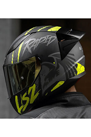 RAPID 2 RACE RAVEN MAT SİYAH-GRİ-NEON SARI FULLFACE MOTOSİKLET KASKI GOLD CAMLI
