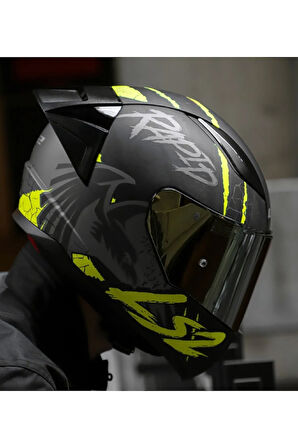 RAPID 2 RACE RAVEN MAT SİYAH-GRİ-NEON SARI FULLFACE MOTOSİKLET KASKI GOLD CAMLI