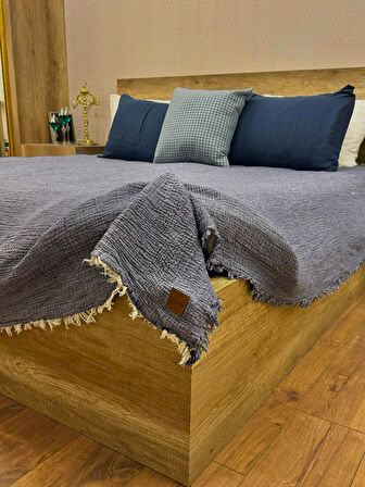 Denim Mavi 4 Katlı Çift Taraflı Çift Kişilik Müslin Battaniye %100 Pamuk 230x240 cm
