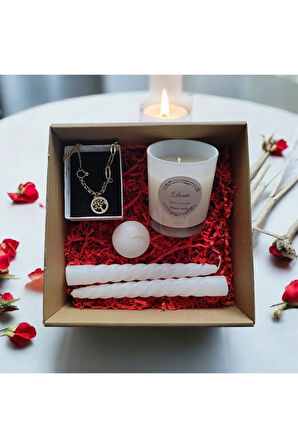 Hediye Seti-Kokulu Beyaz Bardak Mum-Yaşam Agacı Kolye+Burgulu Mum-Yüzen Mum