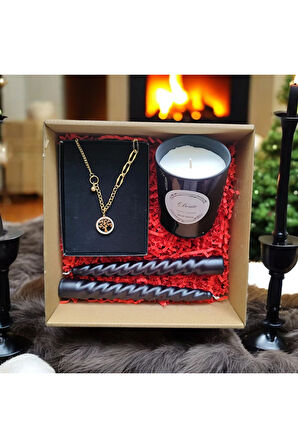 Hediye Seti-Kokulu Siyah Bardak Mum-Yaşam Agacı Kolye+Burgulu Mum