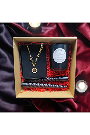 Hediye Seti-Kokulu Siyah Bardak Mum-Yaşam Agacı Kolye+Burgulu Mum