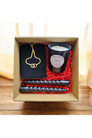 Hediye Seti-Kokulu Siyah Bardak Mum-Halka Kolye+Burgulu Mum