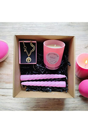Hediye Seti-Kokulu Pembe Bardak Mum-Yaşam Agacı Kolye+Burgulu Mum
