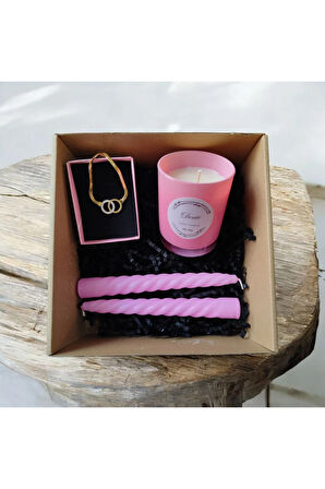 Hediye Seti-Kokulu Pembe Bardak Mum-Halka Kolye+Burgulu Mum