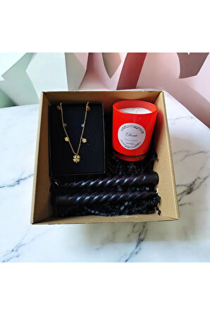 Hediye Seti-Kokulu Kırmızı Bardak Mum-Yonca Kolye+Burgulu Mum