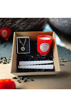 Hediye Seti-Kokulu Kırmızı Bardak Mum-Yaşam Agacı Kolye+Burgulu Mum