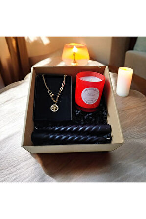 Hediye Seti-Kokulu Kırmızı Bardak Mum-Yaşam Agacı Kolye+Burgulu Mum