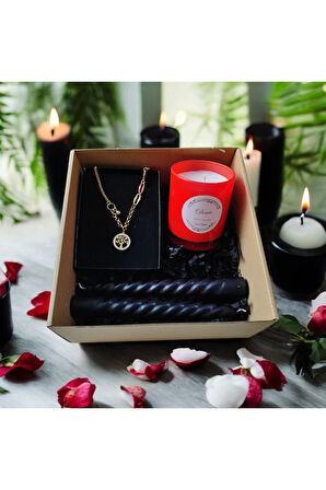 Hediye Seti-Kokulu Kırmızı Bardak Mum-Yaşam Agacı Kolye+Burgulu Mum
