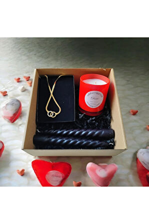 Hediye Seti-Kokulu Kırmızı Bardak Mum-Halka Kolye+Burgulu Mum