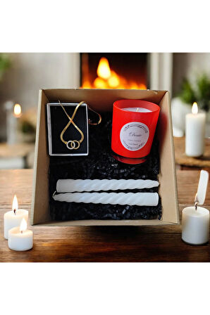 Hediye Seti-Kokulu Kırmızı Bardak Mum-Yaşam Agacı Kolye+Beyaz Burgulu Mum