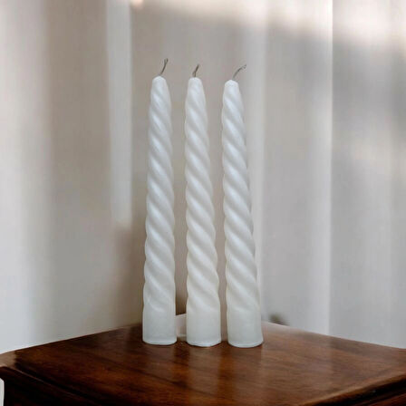 3'Lü Parlak Beyaz - İtalyan Burgulu - Şamdan Mum- Kıvrımlı Mum-