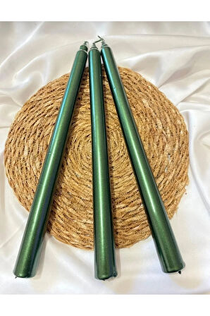 3'lü Metalik Yeşil -Şamdan Mum-Konik Mum