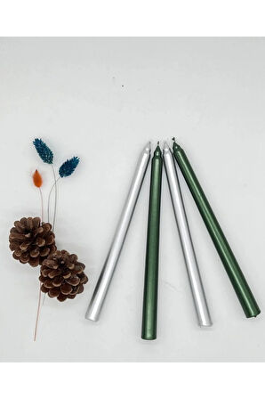 4'lü Metalik Gri ve Yeşil-Şamdan Mum-Konik Mum