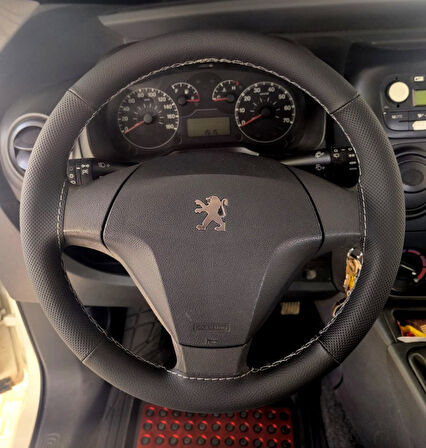 DİKİŞLİ DİREKSİYON KILIFI SİYAH DERİ NOKTALI DERİ GRİ DİKİŞLİ PEUGEOT BİPPER İÇİN