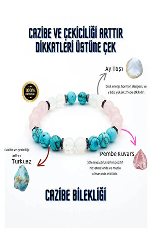 Cazibe Doğal Taş Tılsım Bilekliği  Aytaşı Pembe Kuvar Turkuaz