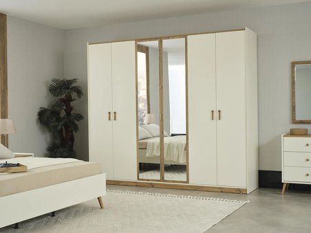 Terra Modern Yatak Odası Takımı - 6 Kapaklı Gardırop, Şifonyer, Ayna  2 Komodin ve 160x200 Karyola + Başlık Seti (Yatak Hariç)