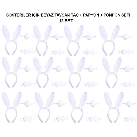 Beyaz Tavşan Kostüm Seti - Taç, Papyon, Kuyruk (12 li Paket)