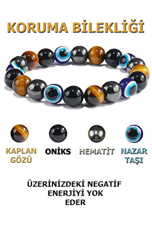 Doğal Taş Enerji Bilekliği ( Kaplan gözü - Oniks - Hematit)