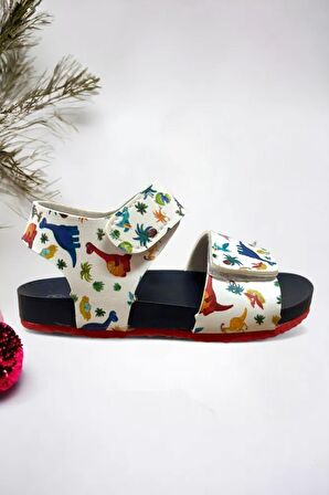 Beyaz Lacivert Dinazor Desenli Erkek Çoçuk Sandalet