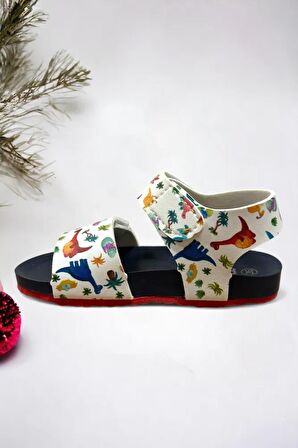 Beyaz Lacivert Dinazor Desenli Erkek Çoçuk Sandalet