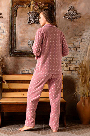 Bayan Kışlık Welsoft Peluş İnci Polar Düğmeli Pijama Takımı 'İpeksi Doku'