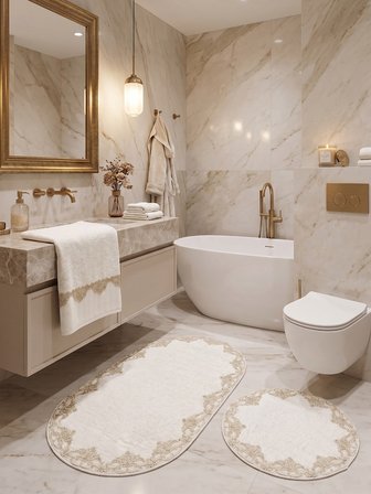 Çeyizlik Güpürlü Dantelli Banyo Paspas Takımı Kaymaz Taban ve Güpürlü Havlu Seti 3'lü Krem