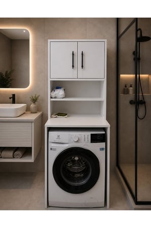 Deniz İki Kapaklı Çamaşır Makinesi Üstü Banyo Düzenleyici 2 Bölmeli Üst Dolaplı Çok Amaçlı Banyo Dolabı