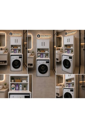 Deniz İki Kapaklı Çamaşır Makinesi Üstü Banyo Düzenleyici 2 Bölmeli Üst Dolaplı Çok Amaçlı Banyo Dolabı