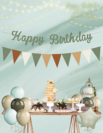 Küf Yeşili Happy Birthday Kaligrafi Banner ve Düz Renk Flama Set