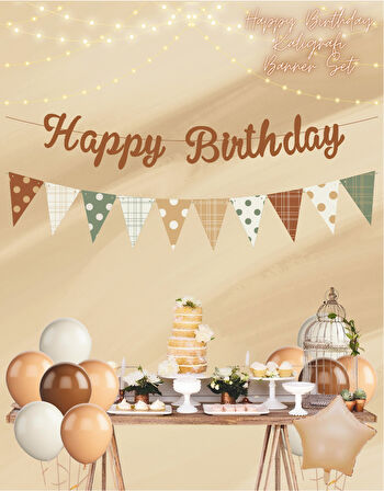 Karamel Happy Birthday Kaligrafi Banner ve Desenli Flama Set
