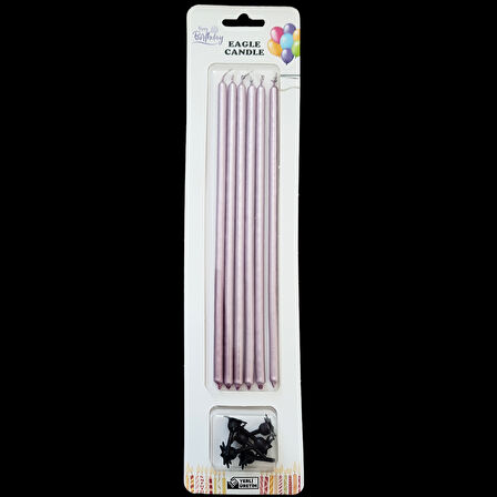 Pembe Metalik İnce Uzun Pasta Mum 20 cm * 6 Adet