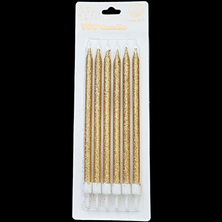 Altın Simli İnce Uzun Pasta Mum 16 cm * 6 Adet