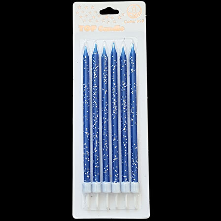 Mavi Gümüş Pullu İnce Uzun Pasta Mum 16 cm * 6 Adet