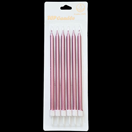 Pembe Metalik İnce Uzun Pasta Mum 14 cm * 6 Adet