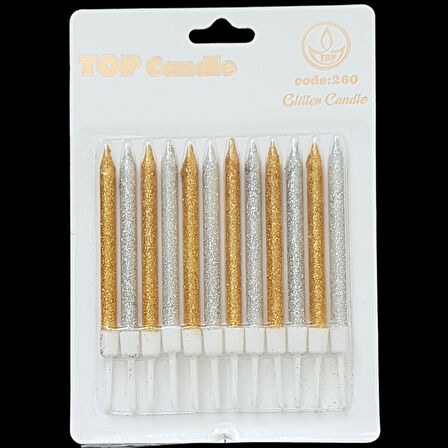 Altın Gümüş Karışık Simli İnce Uzun Pasta Mum 8 cm * 12 Adet