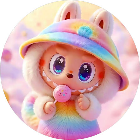 Yenilebilir Yuvarlak Pasta Resim Baskısı 20 cm Şekerli Kağıt Labubu Temalı 86