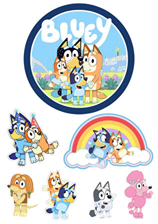 Yenilebilir Yuvarlak Pasta ve Figür Resim Baskısı Şekerli Kağıt Bluey Temalı 32